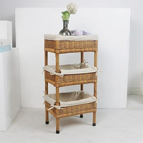 Rattan Shelving Unit, 3-Tier Rattan Organizer, Handmade Woven Storage Rack, Boho Farmhouse Storage Racks, for Living Room, Bedroom, Kitchen(with Lining,Small)