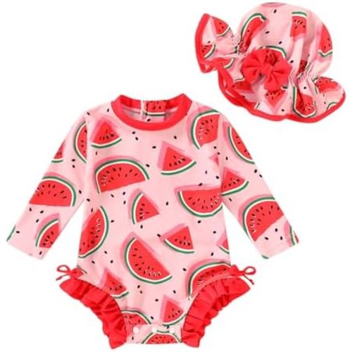 Infant Baby Swimsuit Girl Long Sleeve UPF 50+ Sun Protection One-Piece Rash Guard with Hat Zipper Bathing Suit