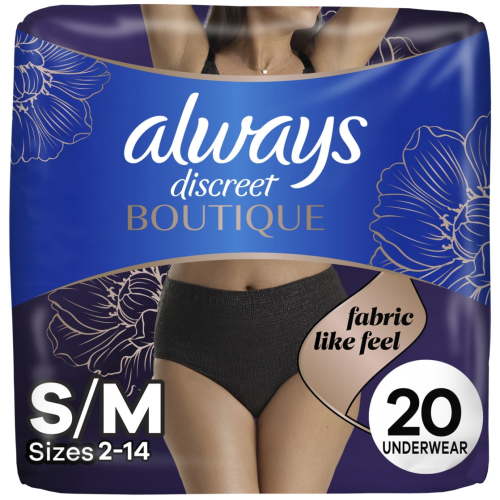 Always Discreet Boutique Incontinence and Postpartum Underwear for Women, Maximum Protection, S/M, Black, 20 Count HSA/FSA Eligible