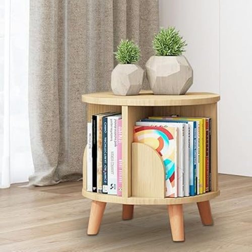Modern Rotating Bookshelf, Freestanding Bookcase 360° Display Storage Rack with Legs 4 Compartments for Living Room Study Office