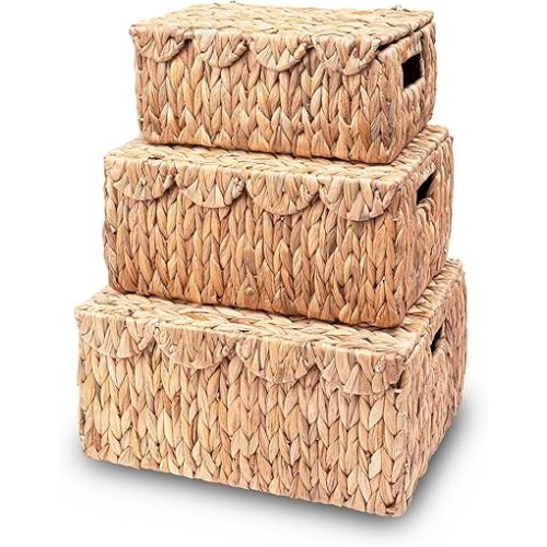 Scalloped Edge Wicker Basket with Lid, Rectangle Wicker Storage Basket with Built-in Handles, Multipurpose Organizer Rattan Display Boxes for Shelf, Nursery Room, Set of 3