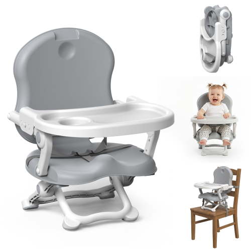 FVLOENG Portable Baby Booster Seat for Babies & Toddlers, Adjustable Foldable Feeding Seat with Tray, Travel Dining Chair Booster & Floor Seat for Home, Camping, or Travel (Gray, 1 Year & up)