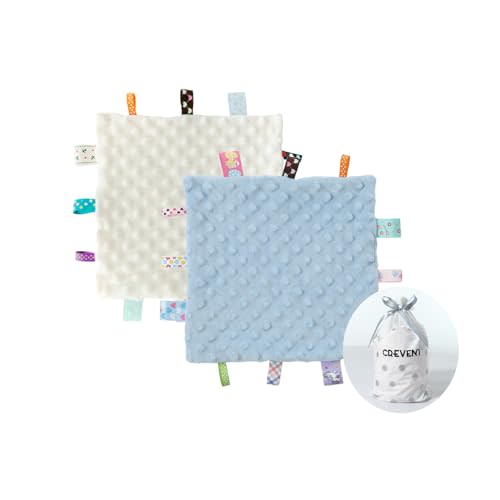CREVENT Tag Security Blankets for Babies, Soft Small Loveys for Boys, Baby Comforter Sensory Blanket, Great Gifts for Birthday Baby Shower (10"X10" Blue + Ivory Tag)