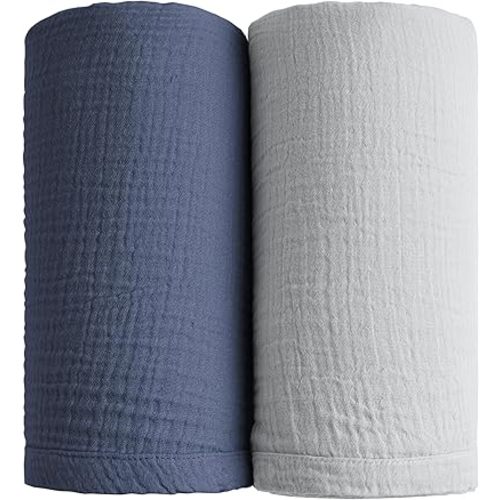 Konssy 2 Pack Muslin Swaddle Blankets, 100% Cotton Receiving Blanket Large 47 x 47 inches for Baby Boys Girls, Soft Breathable Muslin Baby Blanket for Newborn (Navy, Grey)