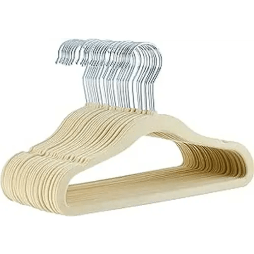 Amazon Basics Kids Velvet, Non-Slip Clothes Hangers for Infant and Toddler, 11.6 Inches (for baby clothes), Pack of 30, Beige