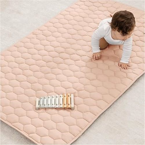 Comfy Cubs Rectangle Kids Play Mat - 36 x 60 inches Soft Quilted Baby Floor Mat with Non-Slip Bottom - Blush