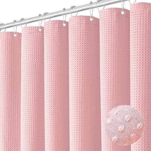 Dynamene Pink Fabric Shower Curtain - Waffle Weave Textured Heavy Duty Cloth Shower Curtains for Bathroom, 256GSM Hotel Luxury Weighted Bath Curtain Set with 12 Hooks,72x72, Pink