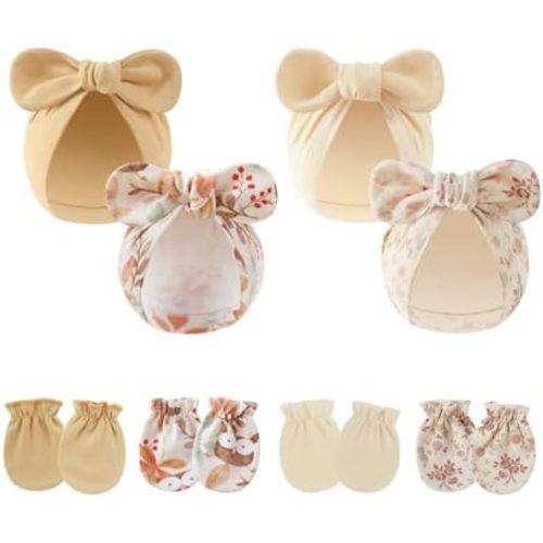 LIDHAY 4PCS Newborn Baby Hospital Hats Beanie Bow Infant Caps Cotton Preemie Hats No Scratch Mittens Set for 0-1 Years Old 06