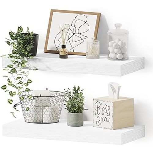 Bathroom Floating Shelves for Wall, 16 inchs x 6.7” deep x 1.4” Wall Shelf for Bedroom, Living Room, Kitchen, Office Home Decor, Narrow Wood Shelves with Invisible Brackets - Set of 2, White