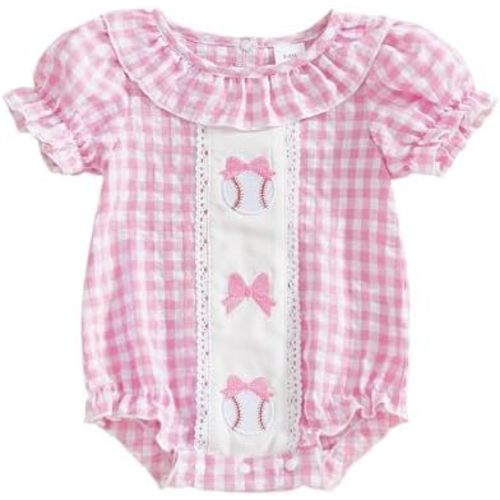 Baby Girl Boys Baseball Clothes Baseball Embroidery Plaid Crew Neck Short Sleeve Summer Romper Newborn Bodysuit