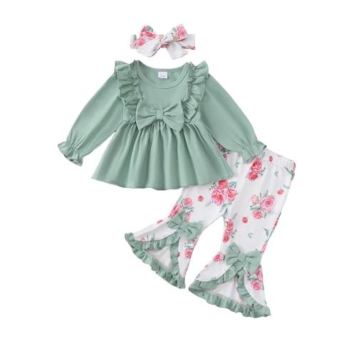 Toddler Baby Girl Clothes Fall/Winter Girls Outfits Ruffle Long Sleeve Tops Floral Flared Pants Girls' Clothing Sets
