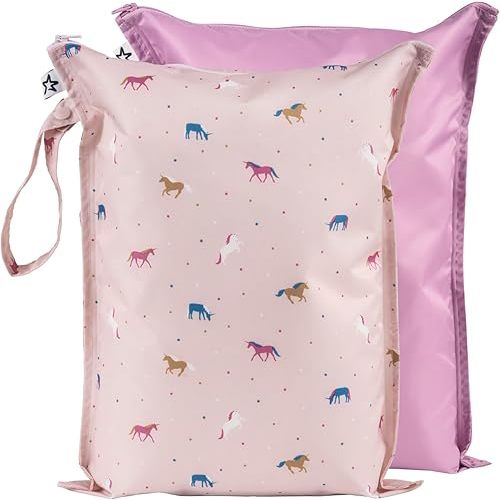 Tiny Twinkle Mess-proof Wet Bags 2 Pack Waterproof and Washable Bag for Travel storage, Stroller, Daycare, Baby Diapers, Yoga, Beach, Pool, Wet Toddler Swimsuits (Unicorn)