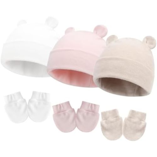 Newborn Hat Mittens Baby Boys Girls Cotton Hat Gloves Set Infant Beanie for 0-6 Months