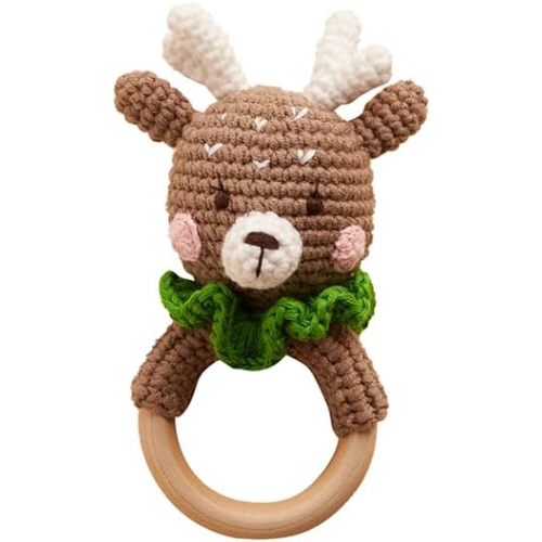 Chippi & Co Crochet Baby Rattle, Crochet Baby Toys, Stuffed Baby Doll, Organic Wooden Newborn Toys, Knitted Stuffed Animals for Babies Boy, Girl, Christmas Gifts for New Parents (Baby Reindeer)