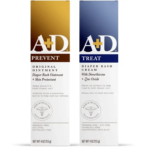 A+D Original Diaper Rash Ointment + A+D Zinc Oxide Diaper Rash Cream 4 oz. Variety Pack - Prevents & Treats Diaper Rash, Moisturizing Skin Protectant with Vitamins A & D