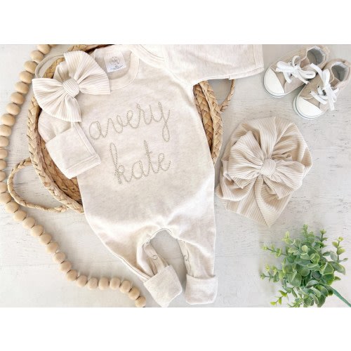 Personalized oatmeal and beige vintage stitch romper with bow or hat, custom gender neutral coming home outfit, baby shower gift
