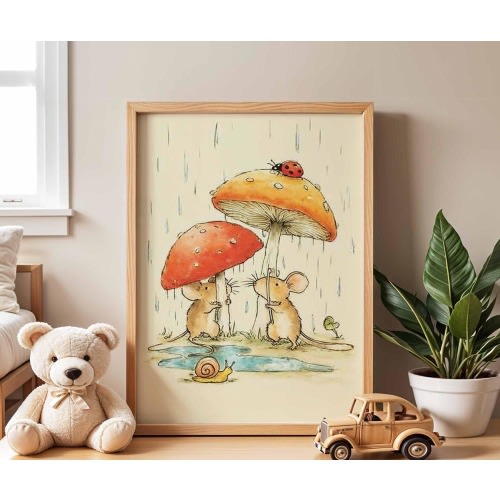 Mice with Mushroom Umbrellas Nursery Poster | Woodland Animal Wall Art