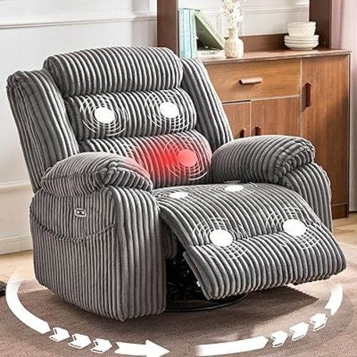 Extra Wide Power Swivel Rocking Recliner for Adults with Heat Massage, USB & Type-C Charging, Electric Glider Rocker Chair for Living Room Nursery Bedroom Office