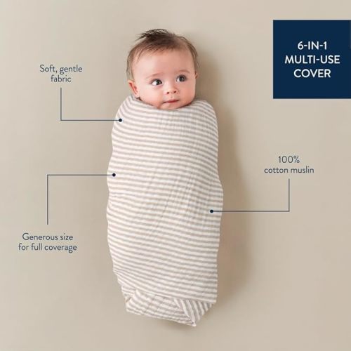 Itzy Ritzy Breastfeeding Boss Multi-Use Cover – A Nursing Cover, Swaddle, Car Seat Wrap, Tummy Time Mat & Burp Cloth All in One – Made of Soft Muslin Fabric & Measures 47” x 47” (Taupe Stripe)