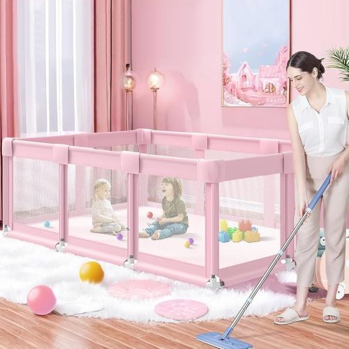 Pink Large Baby Playpen, Playpen 74x50 for Girl, Large Baby Play Yards Indoor & Outdoor, Sturdy Safety Girls Play Pen with Soft Breathable Mesh, Toddlers Activity Center with Anti-Slip Base