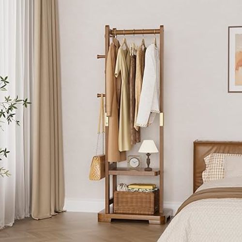 Solid Wood Clothes Rack with 2 Shelves & 4 Hooks for Hanging Clothes Wallets Hats, Clothing Rack Heavy Duty Coat Rack Freestanding with Storage for Hallway Bedroom Living Room