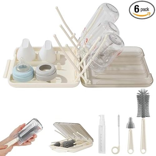 6 in 1 Baby Bottle Brush Set,Bottle Cleaner Brush Kit with Silicone Bottle Brush,Drying Rack,Nipple Brush,Straw Brush,Soap Dispenser&Storage Box,Portable Baby Essentials for Home&Travel (White)