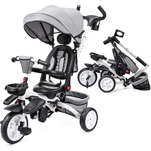 Baby Tricycle, 7 in 1 Folding Toddler Tricycle w/Removable Adjustable Push Handle, Canopy, Rotatable Seat, Safety Harness, Cup Holder & Storage, Trike for 1-5 Year Old (Gray)