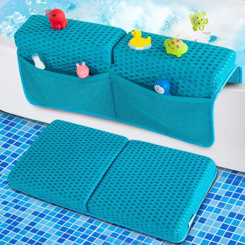 Baby Bath Kneeler and Elbow Rest Pad Set, 1.5'' Thick Quickly Dry bathtub Kneeler Pad with Baby Toys & Bath Accessories Organizer, Bath Kneeling Pad and Elbow Pad for Baby Tub, Non-Slip Bath Mat(Blue)