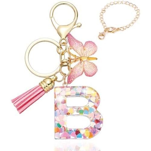 Cute Pink Initial Letter Keychain Tassel Butterfly Pendant for Women Girls CarKey Purse SchoolBag Handbag Cup charm