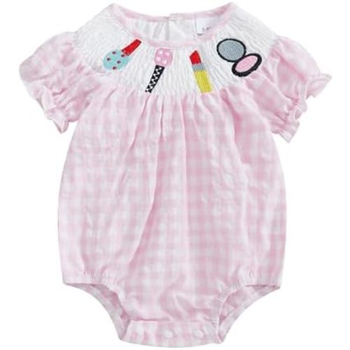 FIOMVA Toddler Baby Girl Clothes Summer Smocked Romper Bow Embroidery Bubble Onesie Short Sleeve Cute Bodysuit Outfits