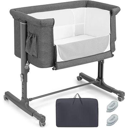 HONEY JOY Baby Bassinet Bedside Sleeper, 3-in-1 Easy Folding Portable Crib for Baby with Wheels, 5 Adjustable Heights, Easy to Assemble Bed to Bed, Mattress & Carry Bag for Infant Newborn (Gray)