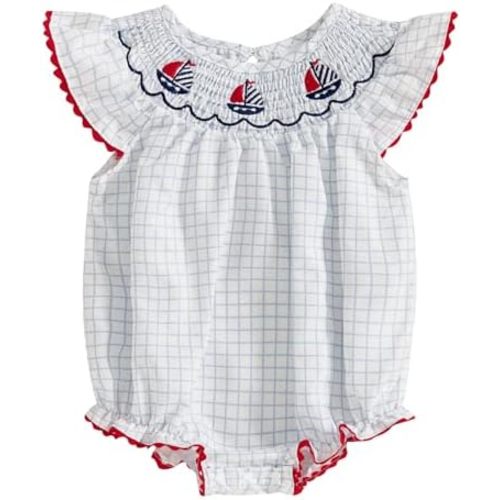 Bagilaanoe Summer Clothes Baby Girl Outfit Sailboat Embroidery Plaid Short Sleeve Romper Smocked Bubble Romper Bodysuit