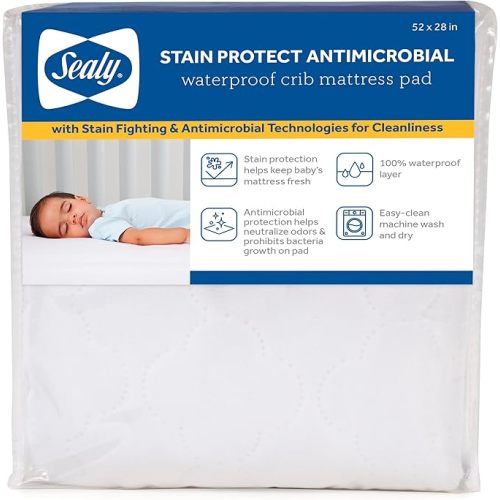 Sealy Baby Stain Protect Antimicrobial Fitted Waterproof Infant Crib Mattress Protector Pad and Toddler Bed Cover, Durable and Comfortable Topper, Machine Washable & Dryer Friendly, 52” x 28”- White