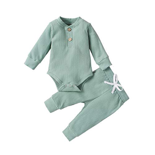 CIYCUIT Newborn Baby Boy Outfits Long Sleeve Solid Color Ribbed Knitted Romper Pants 2Pcs Gender Neutral Baby Clothes