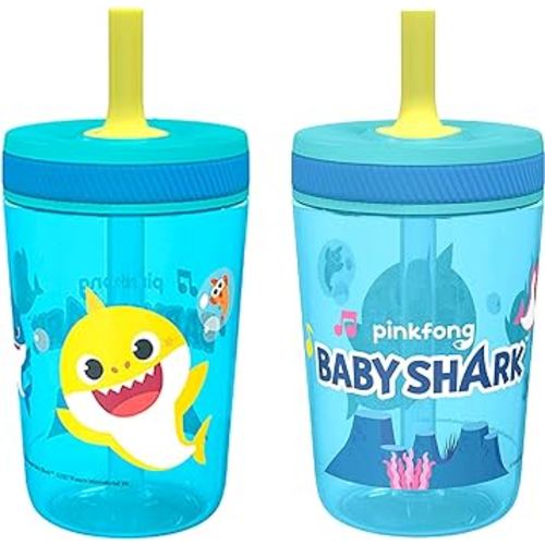 Zak Designs 15oz Baby Shark Kelso Tumbler Set, BPA-Free Leak-Proof Screw-On Lid with Straw Made of Durable Plastic and Silicone, Perfect Bundle for Kids (2pcs Set)