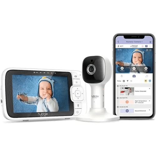 Hubble Connected Nursery Pal Cloud Smart Connected, Wi-Fi Enabled Baby Monitor with 5-Inch HD Color Parent Unit Viewer, Soothing Sounds and White Noise, 7-Color Night Light, Wall Mount, White