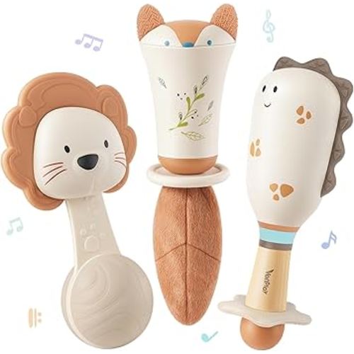 Baby Rattles - Teething Toys 3-6 Months, Baby Toys 0-6 Months, Sensory Toys for Newborn Babies, Rattles for Babies 0-6 Months, Neutral Color Baby Shower Gift (3PCS)
