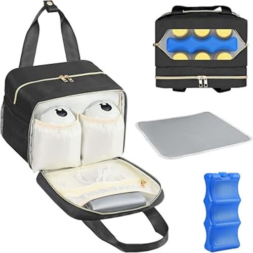 PIIOSER Breastmilk Cooler Bag with Ice Pack, Fits 6 Baby Bottles Up to 9 Ounce, Compatible with Wearable Breast Pumps & Accessories - Portable Pumps Carrying Case for Nursing & Working Moms, Black