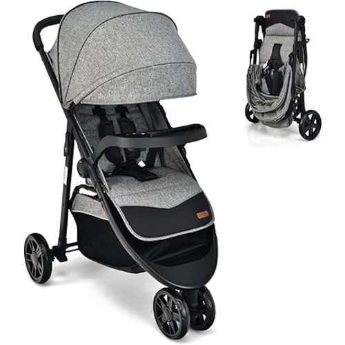 BABY JOY Jogging Stroller, Jogger Travel System with 5-Point Safety Harness, Adjustable Canopy/Backrest/Footrest, Storage Basket & Pocket, Lightweight Baby Stroller for Newborn Toddlers (Gray)