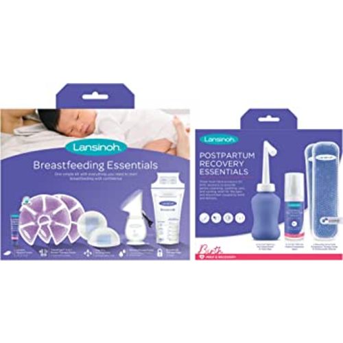 Lansinoh Breastfeeding Essentials and Postpartum Recovery Bundle, Includes Nipple Cream, Nursing Pads, Silicone Breast Pump, Breastmilk Storage Bags, Peri Bottle, Hot & Cold Postpartum Packs, and More