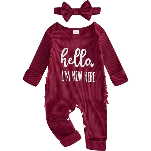 FIOMVA Im New Here Newborn Outfit Girl Long Sleeve Letter Romper Ribbed Knit Jumpsuit Baby Girl Preemie Coming Home Outfit