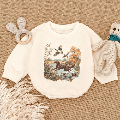 Retro Boykin Spaniel Hunting Mallard Ducks Hunter Baby Romper, Hunting Mallard Baby Outfit, Fall Baby Clothes, Birthday Gift, Baby Shower
