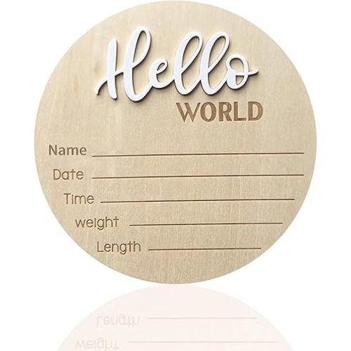 Baby Announcement Sign, 5.9 Inch Wooden Hello World Newborn Signs, Birth Announcement Sign, Baby Shower Hospital Nursery for Newborn Boys and Girls (White)