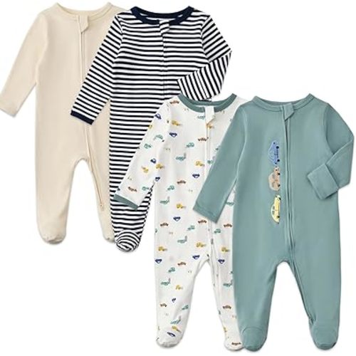 Aablexema Baby Footed Pajamas with Mitten Cuffs Zipper 4-Pack Infant Newborn Cotton Long Sleeve Outfit