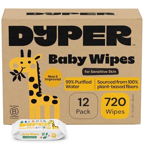 DYPER Baby Wipes Unscented (720 Count) - 99% Water-Based & Hypoallergenic Baby Wipes, Made with Plant-Based Materials, Gentle for Sensitive Skin, Fragrance & Plastic-Free Wet Wipes, 12 Pack