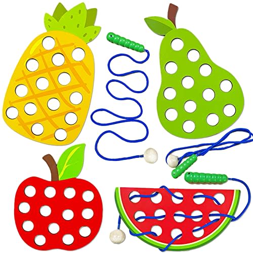 4 Pack Wooden Lacing Toy,Educational Threading Activity Puzzles,Learning Fine Motor Skill Travel Toy,Wooden Fruit Threading Set for Toddlers Kids 3 4 5 Year 1 Apple,1 Watermelon,1 Pineapple,1 Pear