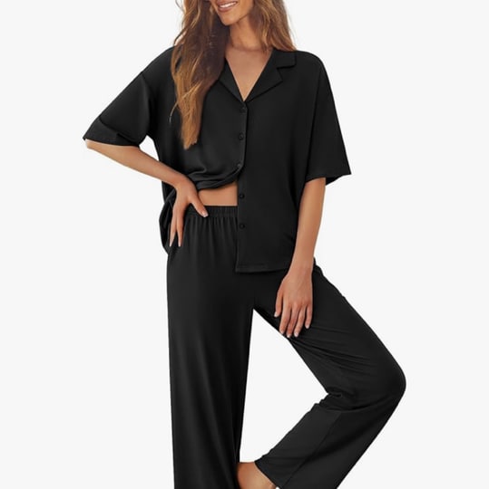 Ekouaer Women Pajamas Set Button Down Sleepwear Short Sleeve Pjs Soft Comfy Nightwear with Long Pants S-XXL
