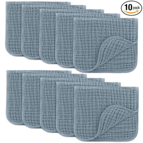 Comfy Cubs Muslin Burp Cloths 20" x 10", Pack of 10 - Large, 6-Layer, Ultra Absorbent 100% Cotton for Baby Drool and Messes - Soft, Safe & Gentle Baby Burp Cloths for Boys & Girls - Pacific Blue
