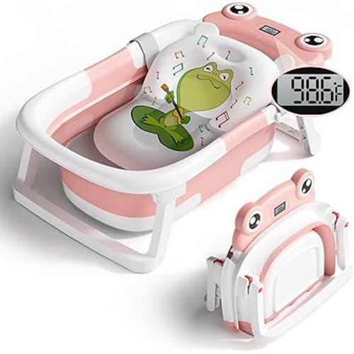 Collapsible Baby Bathtub,Foldable Infant Bathtub for Newborn to Toddler with Soft Cushion and Thermometer,Portable Travel Baby Bath Tub, Durable Newborn Bath Tubs with No-Slip Feet (Pink)