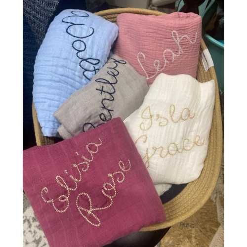 Personalized Muslin Swaddle: Embroidered Baby Name, Shower Gift